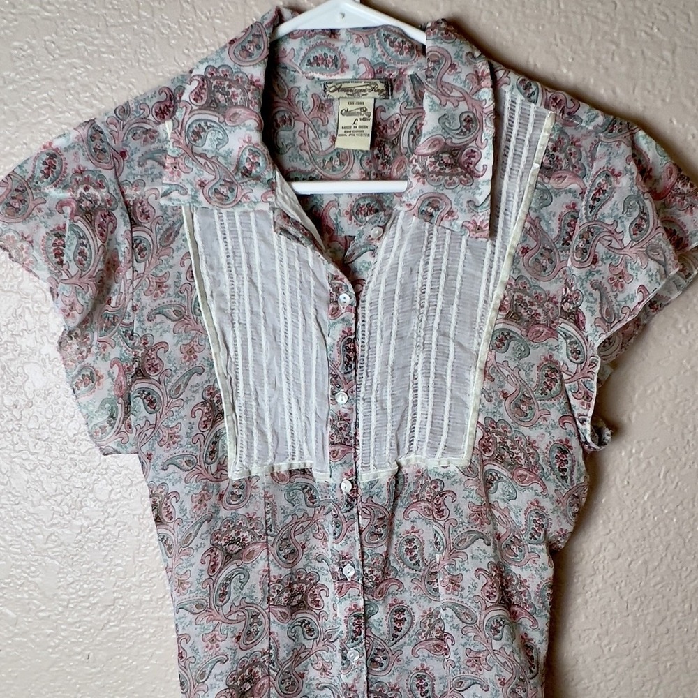 American Rag Womens‎ Soft Paisley Cap Sleeve Blouse Tie Back Lace Size Large Top